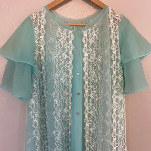 VTG Louis Jean Womens Sz Medium Nightgown Lingerie Robe Lace Blue Prairie Nighty - Picture 3 of 7